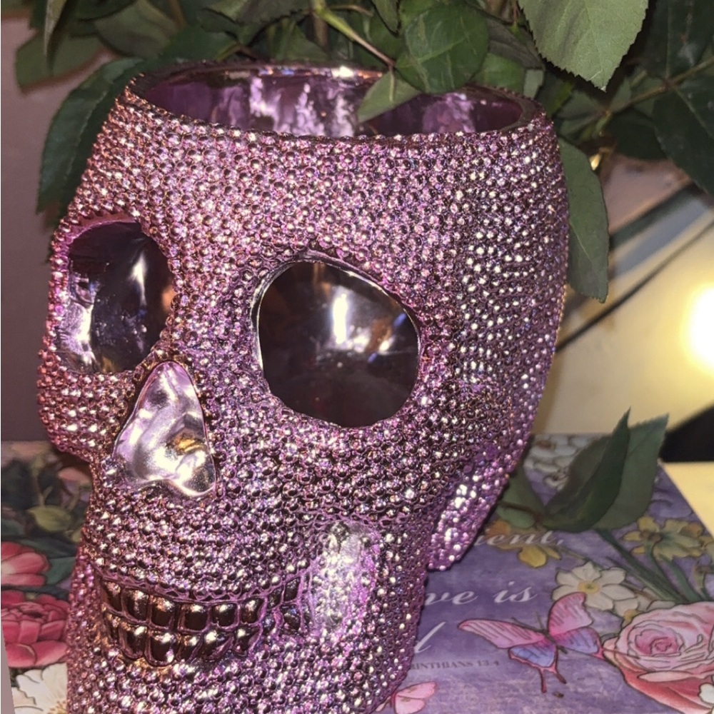 Sparkling Pink Skull Home Accent holds makeup brushes or what you please.